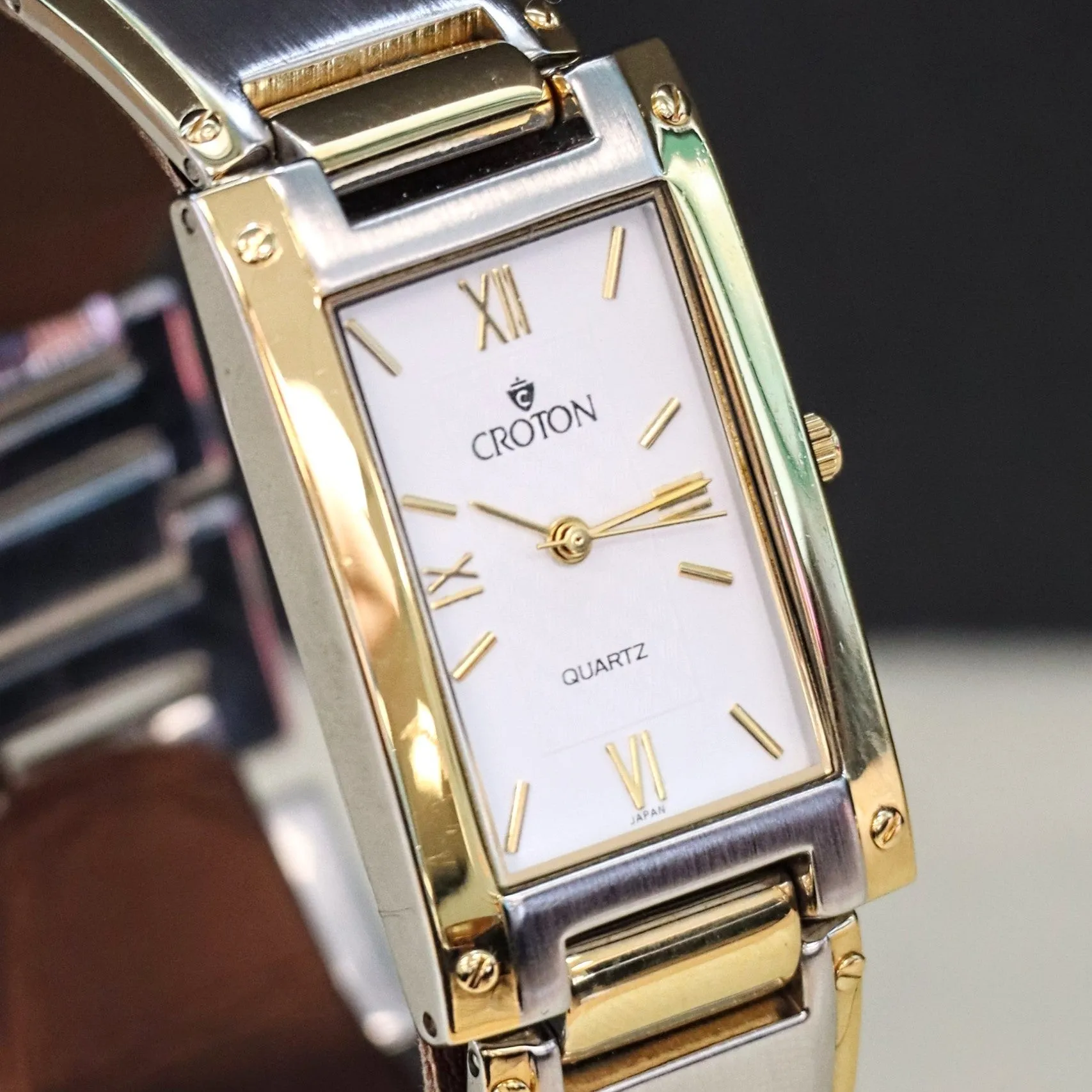 Vintage Croton Quartz Watch Two-Tone Tank Case & Bracelet 23K Gold Plated - IN BOX!