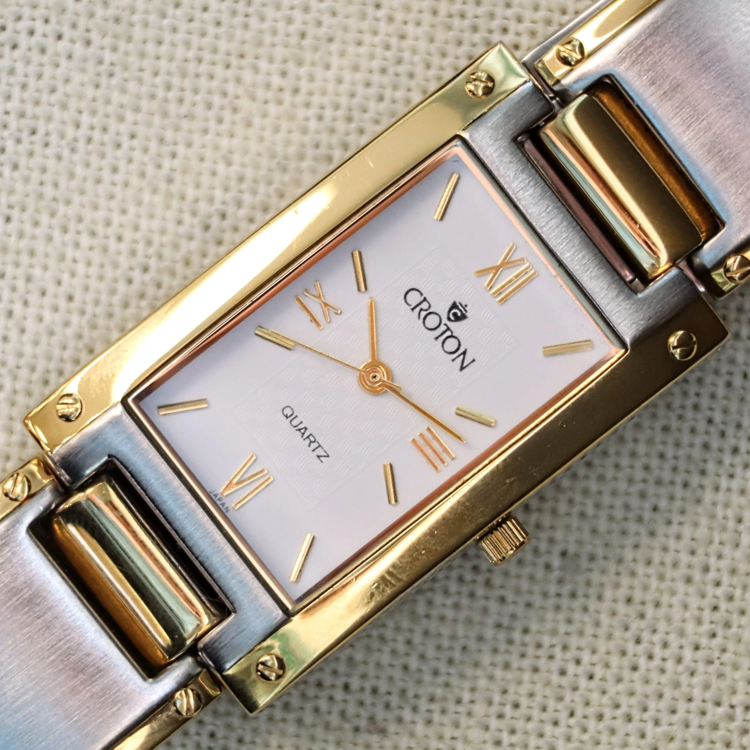 Vintage Croton Quartz Watch Two-Tone Tank Case & Bracelet 23K Gold Plated - IN BOX!