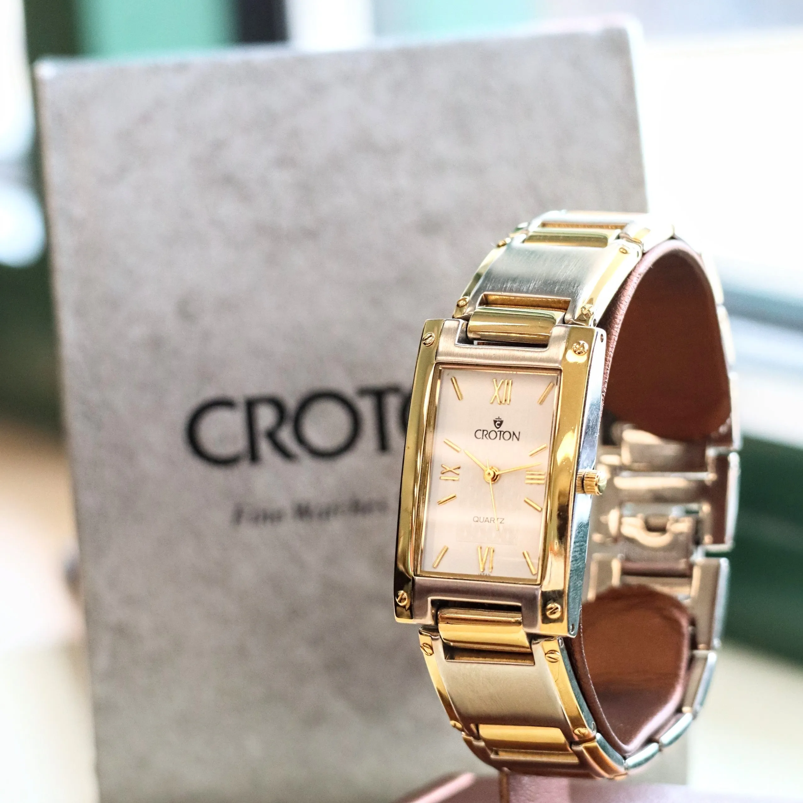Vintage Croton Quartz Watch Two-Tone Tank Case & Bracelet 23K Gold Plated - IN BOX!
