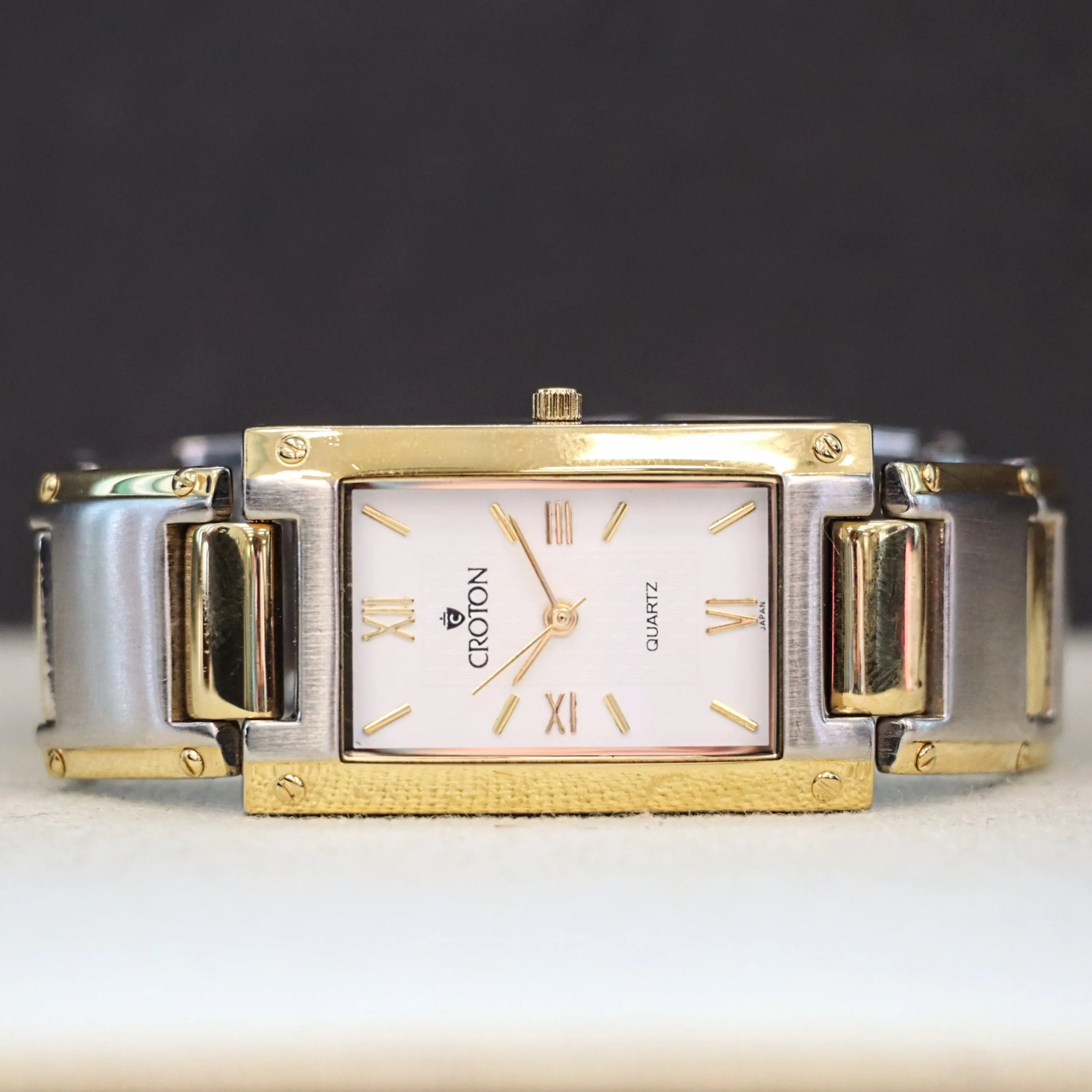 Vintage Croton Quartz Watch Two-Tone Tank Case & Bracelet 23K Gold Plated - IN BOX!
