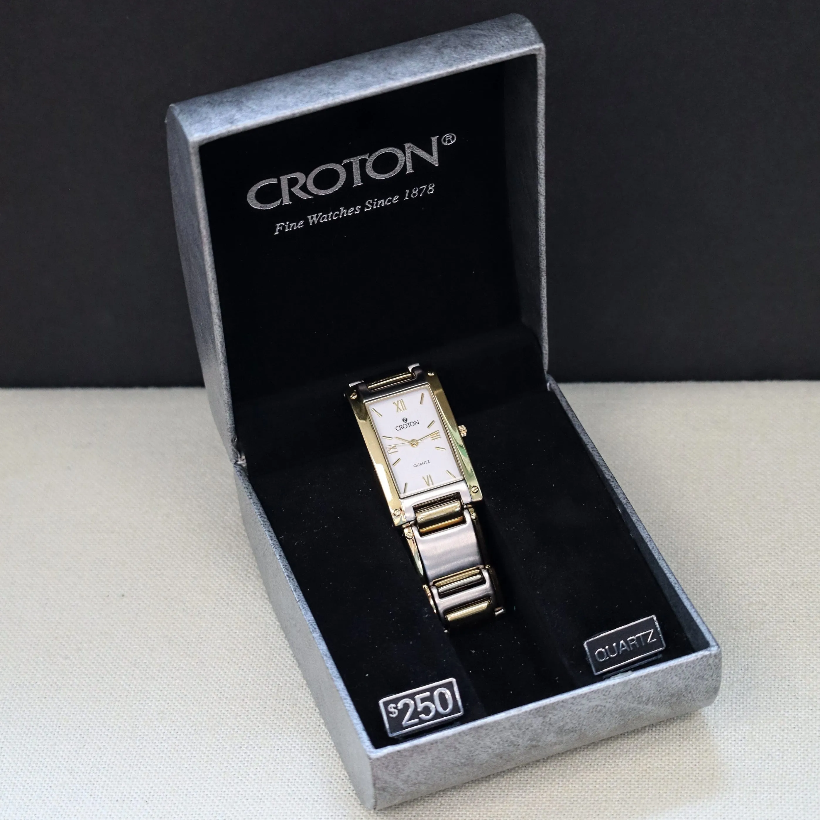 Vintage Croton Quartz Watch Two-Tone Tank Case & Bracelet 23K Gold Plated - IN BOX!