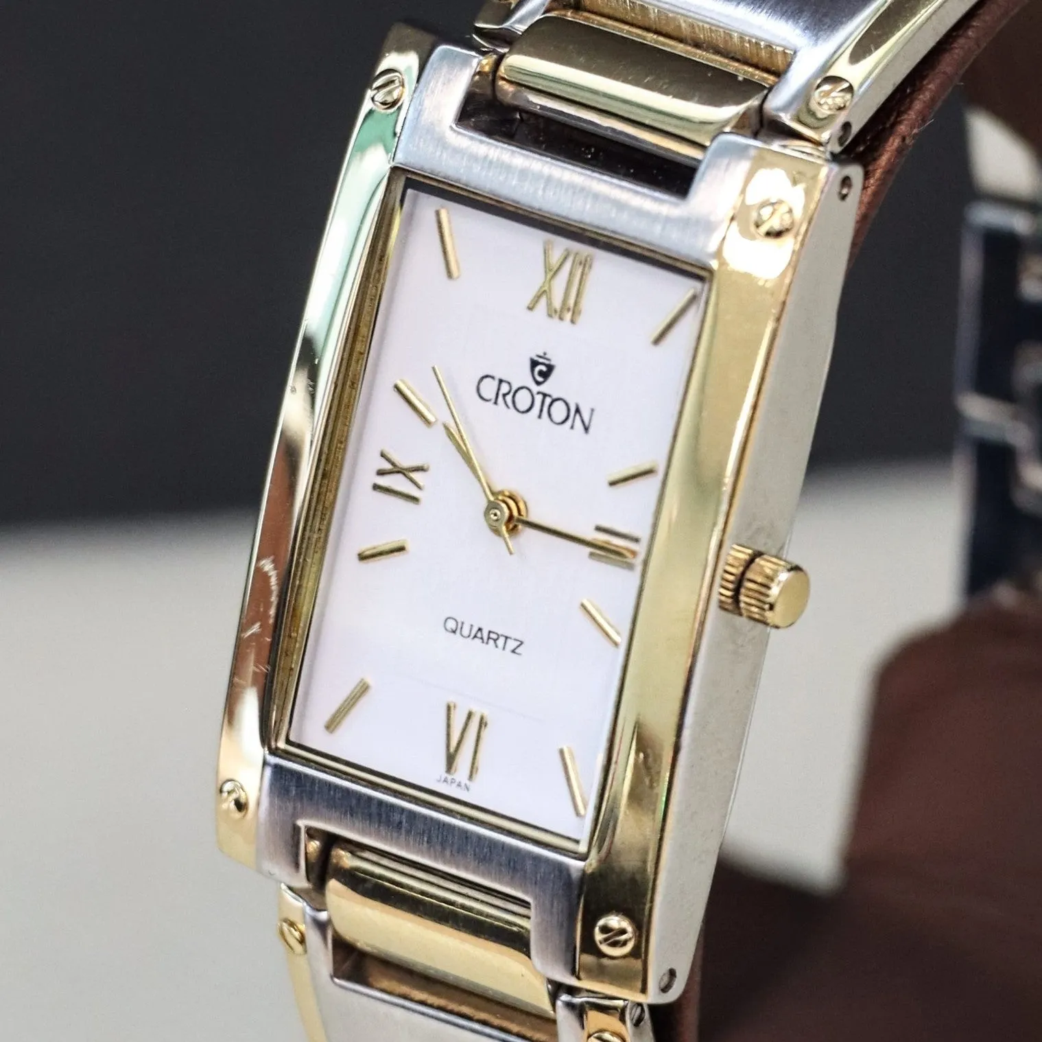 Vintage Croton Quartz Watch Two-Tone Tank Case & Bracelet 23K Gold Plated - IN BOX!