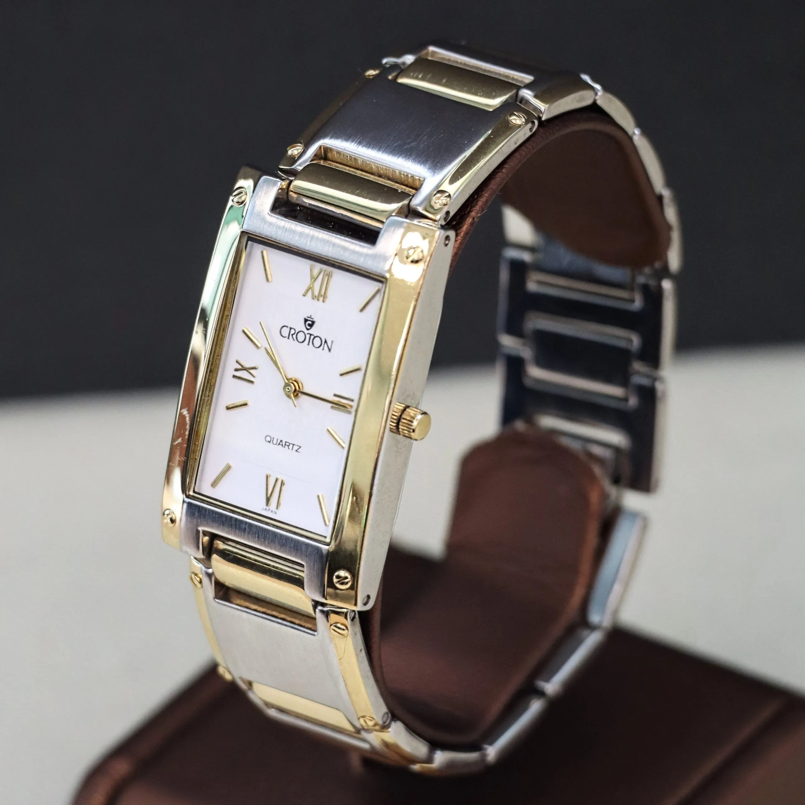 Vintage Croton Quartz Watch Two-Tone Tank Case & Bracelet 23K Gold Plated - IN BOX!