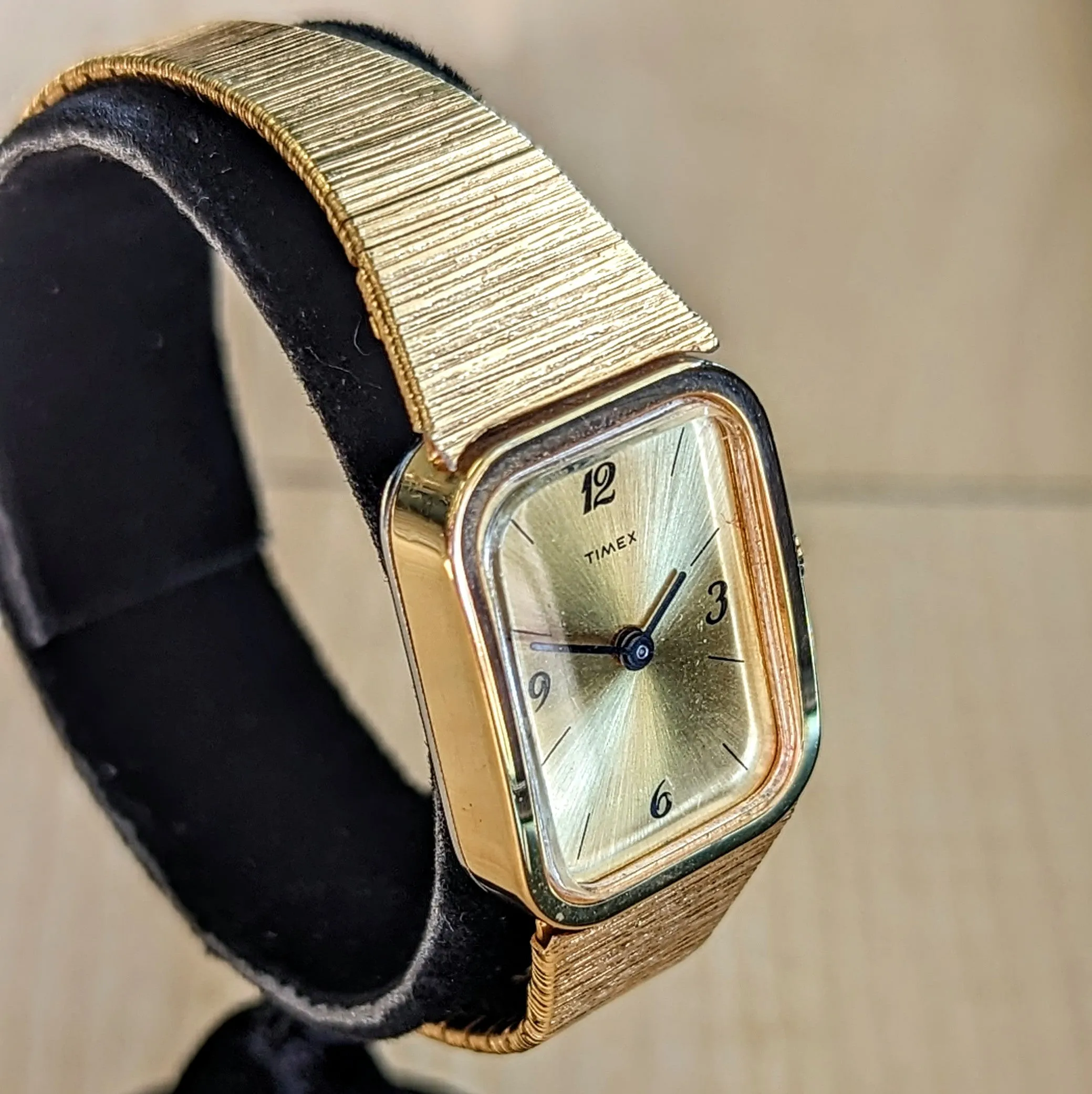 Vintage Ladies TIMEX Mechanical Watch Gold Tone Stainless-Steel Textured Bracelet