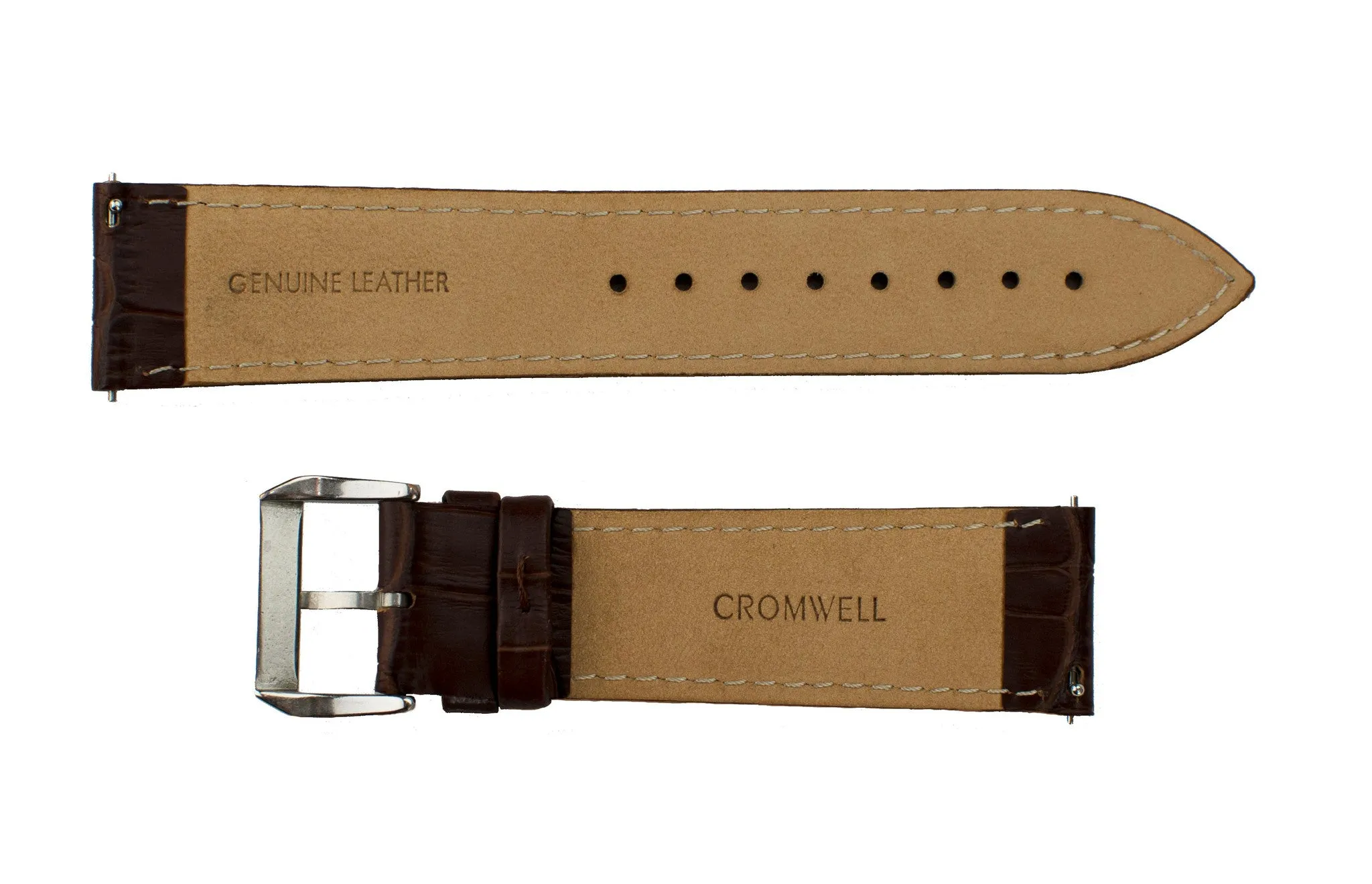 Watch Band- 22mm Dark Brown Crocodile w/Silver Round Buckle (For 44mm and 48mm watch cases)