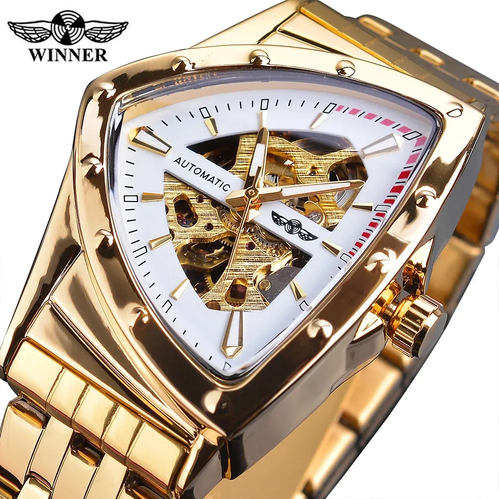 Winner Golden Stainless Steel Watch Steampunk Swiss Design Mens Triangle Skeleton Transparent Automatic Mechanical Male Watches