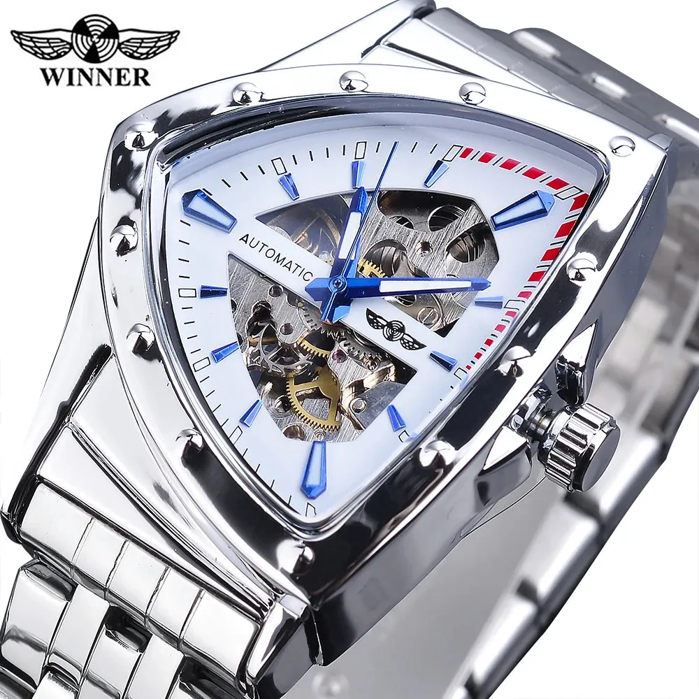 Winner Golden Stainless Steel Watch Steampunk Swiss Design Mens Triangle Skeleton Transparent Automatic Mechanical Male Watches