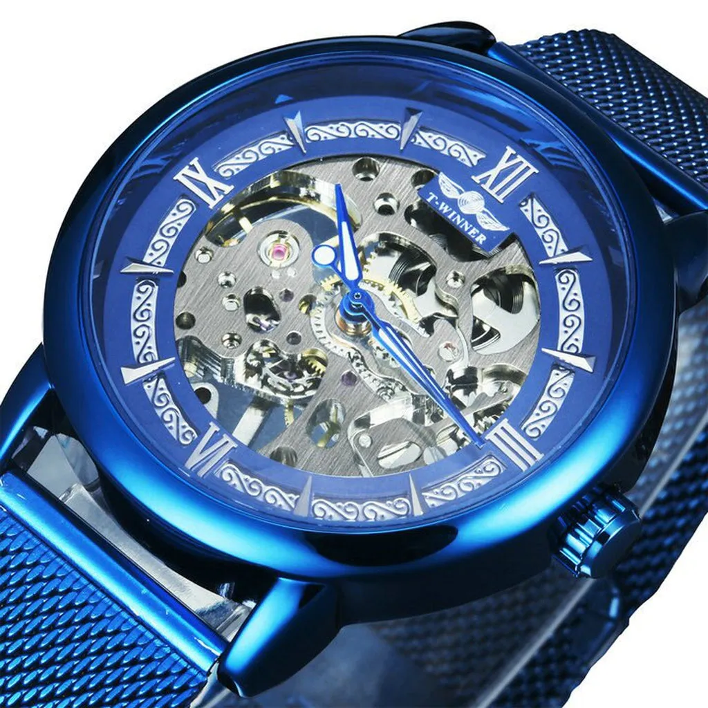 WINNER Official Mechanical Watch Men Blue Silver Mesh Strap Super Thin Case Skeleton Top Brand Luxury Classic Business Elegant
