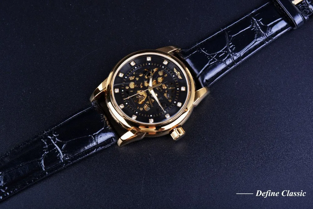 Winner Royal Diamond Design Black Gold Watch Montre Homme Mens Watches Top Brand Luxury Relogio Male Skeleton Mechanical Watch