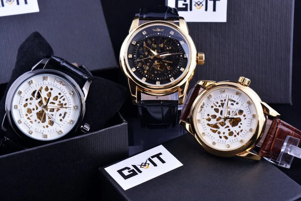 Winner Royal Diamond Design Black Gold Watch Montre Homme Mens Watches Top Brand Luxury Relogio Male Skeleton Mechanical Watch