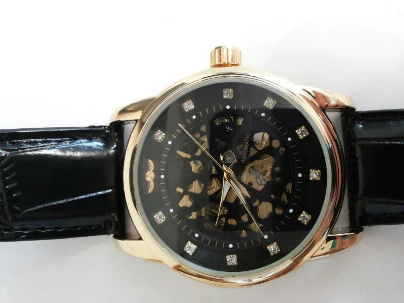 Winner Royal Diamond Design Black Gold Watch Montre Homme Mens Watches Top Brand Luxury Relogio Male Skeleton Mechanical Watch