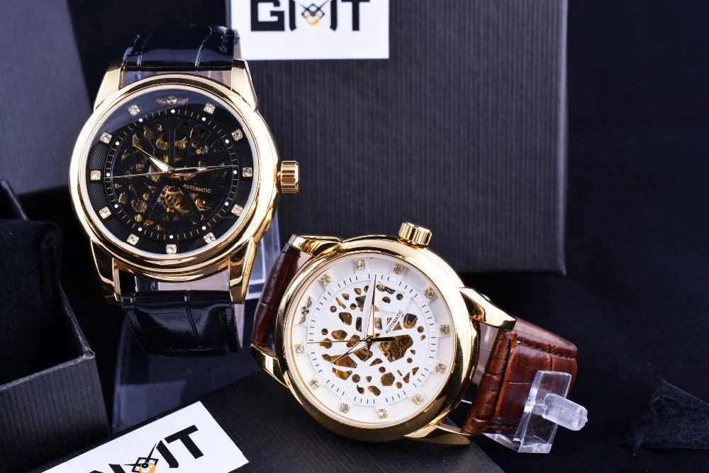 Winner Royal Diamond Design Black Gold Watch Montre Homme Mens Watches Top Brand Luxury Relogio Male Skeleton Mechanical Watch