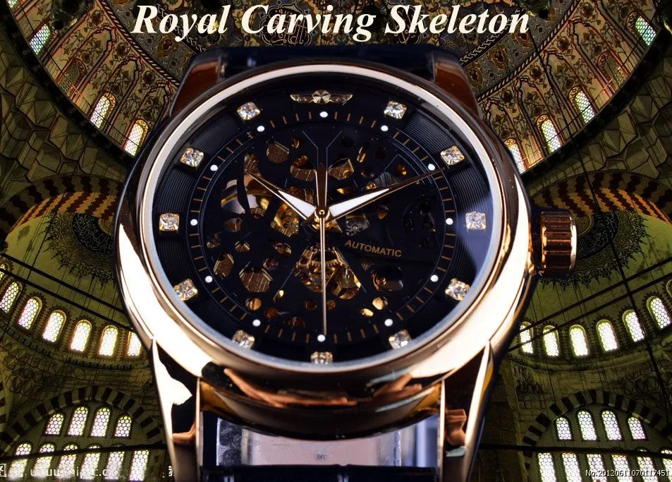 Winner Royal Diamond Design Black Gold Watch Montre Homme Mens Watches Top Brand Luxury Relogio Male Skeleton Mechanical Watch