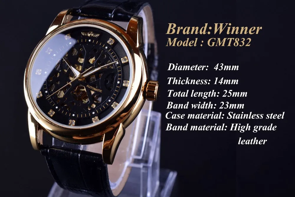 Winner Royal Diamond Design Black Gold Watch Montre Homme Mens Watches Top Brand Luxury Relogio Male Skeleton Mechanical Watch