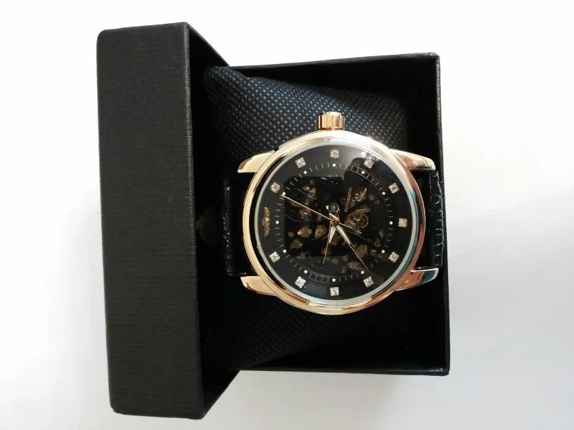 Winner Royal Diamond Design Black Gold Watch Montre Homme Mens Watches Top Brand Luxury Relogio Male Skeleton Mechanical Watch