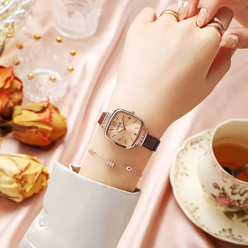 Women Square Rose Wrist Watch Leather Quartz Wristwatches Fashion Watch Clock