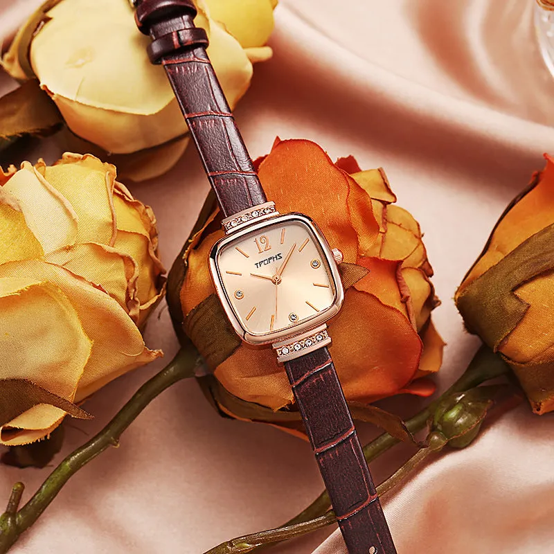 Women Square Rose Wrist Watch Leather Quartz Wristwatches Fashion Watch Clock